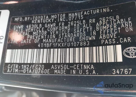2015 Toyota Camry Le from USA, damaged, VIN 4T1BF1FKXFU107883
